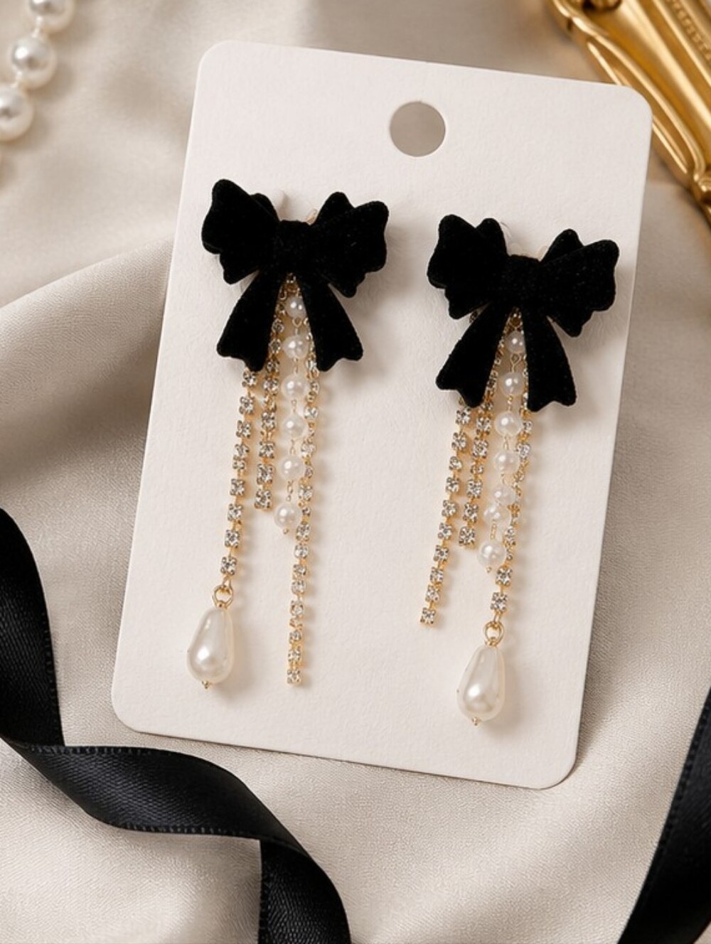 Black Velvet Bow Rhinestone Tassel Drop Earrings Pearl Accent Statement Earrings